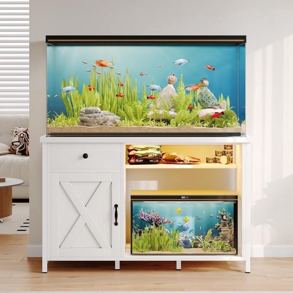White 1100 LBS Heavy-Duty Aquarium Stand for 55-75 Gallon Tanks, with LED Light & Power Outlet, Storage Cabinet & Shelf for Turtle/Reptile Terrariums