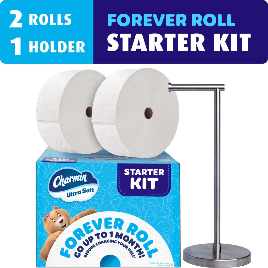 Charmin Ultra Soft Toilet Paper, Forever Roll Starter Kit, 1 Holder, 2 Rolls, 2-Ply Bath Tissue