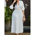 thumbnail image 5 of Womens Pleated Dress V Neck Long Sleeve A Line Church Formal Works Business Dresses with Belt White S, 5 of 9