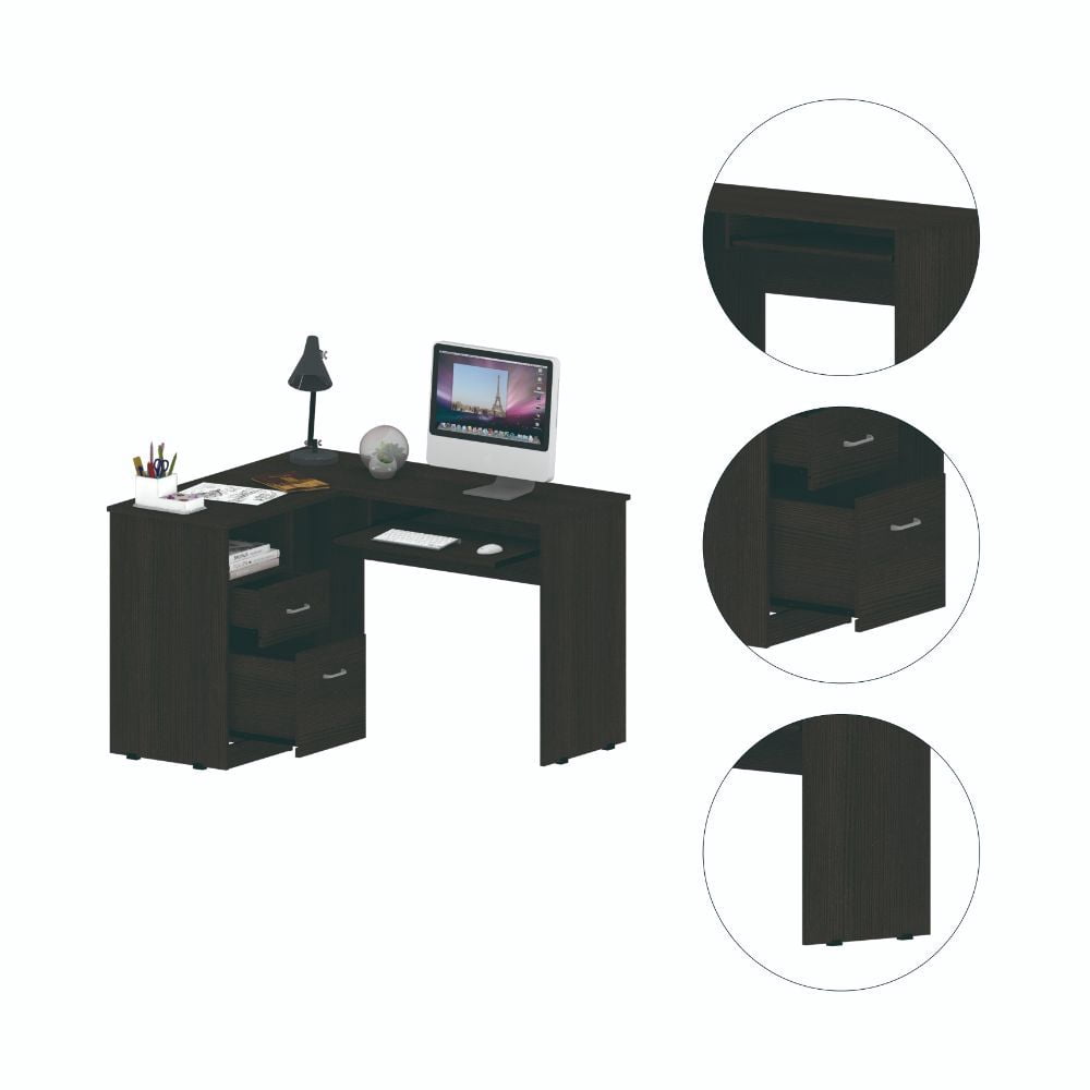 TUHOME L-Shaped Desk with Keyboard Tray, Two Drawers, Single Open Shelf in Black