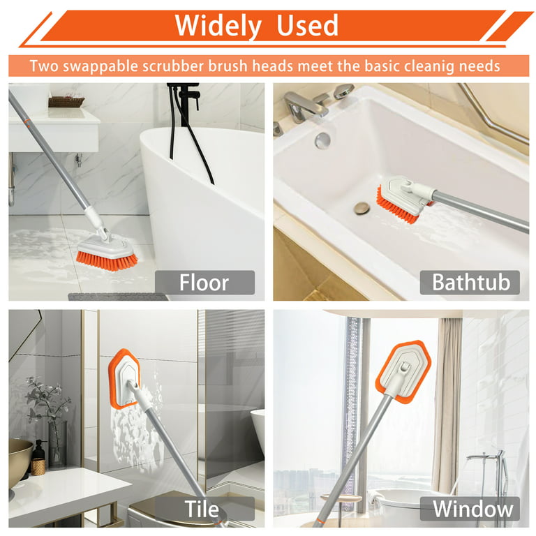 JEHONN 4-in-1 Tile Tub Scrubber with Long Handle, Upgraded Shower Cleaning  Brush (Orange)