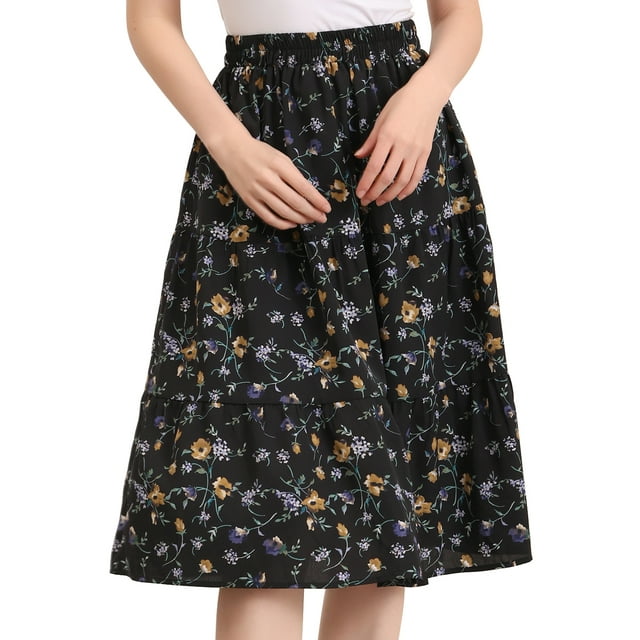Unique Bargains Jupe Midi Décontractée Trapèze à Imprimé Floral pour Femme Noir Violet G