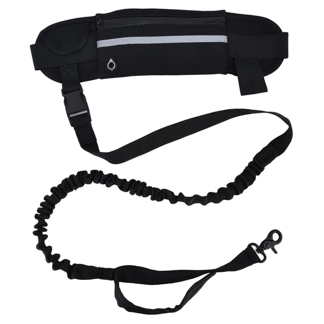 Hands-Free Reflective Dog Leash & Waist Bag Set, Black - Explosion-Proof Elastic Traction Rope with Removable Zipper Pouch for Phones, Keys & Poop Bags, Adjustable Neoprene-Nylon Blend Leash & Belt