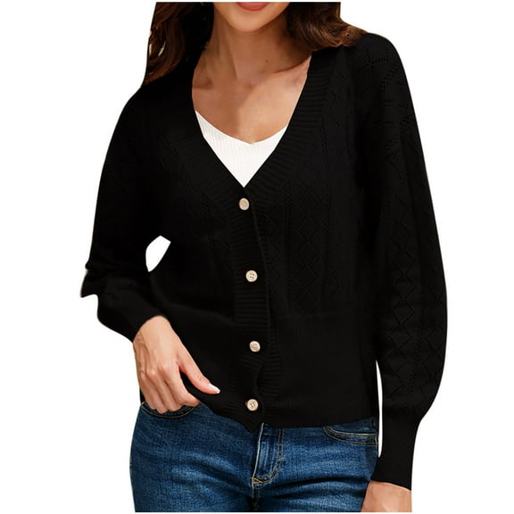 Lilgiuy Women's Casual Solid Color Button Loose Knit Top Long Sleeve Cardigan Sweater V-Neck Sweater, Black ,10(XL) Fall Clothes for 2022 Spring Winter