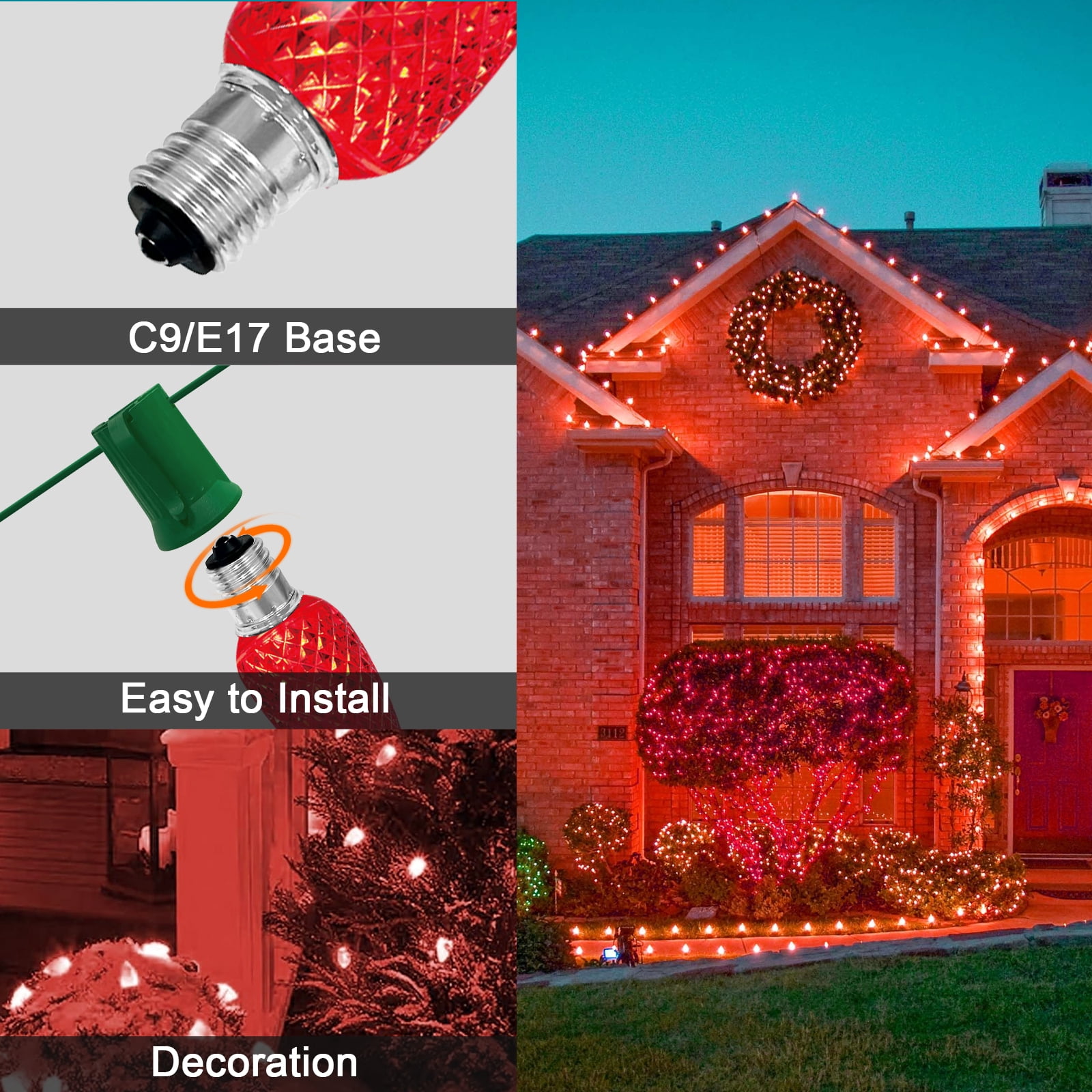 LAMPHOME Red C9 Christmas String Light Outdoor, 25FT Shatterproof LED for House Rooflines & Pathways, Connectable Waterproof Vintage Christmas Light for Tree, Yard, Patio, Porch, Garden