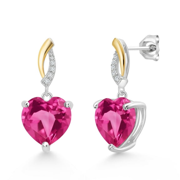 Gem Stone King Keren Hanan 9.07 Ct Heart Shape 10mm Pure Pink Mystic Topaz 925 Silver and 10K Yellow Gold Lab Grown Diamond Infinity Dangle Earrings