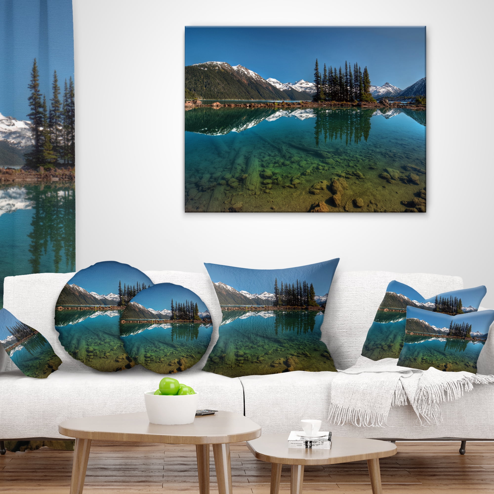 Designart Row of Pine Trees and Mountain Lake - Landscape Printed Throw Pillow - 12x20
