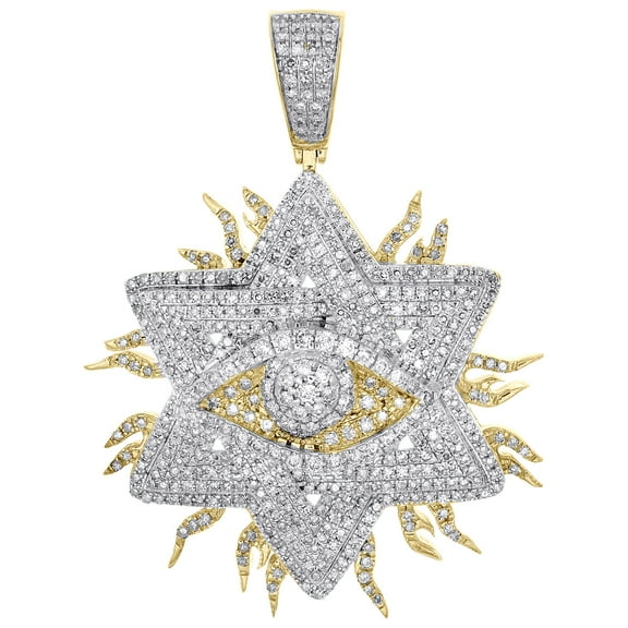 10K Yellow Gold Real Diamond Men's Star of David & Evil Eye Fire Pendant 1.50 CT