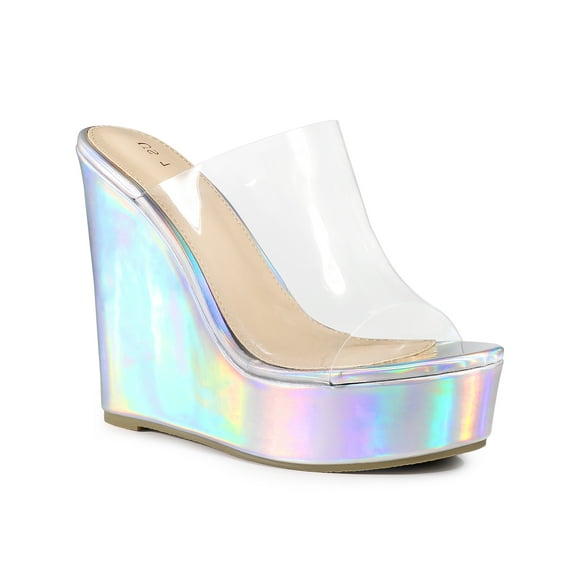 BLISSFUL STEP Platform Clear Strap Wedge Heel Slide Sandals for Women Silver 6.5
