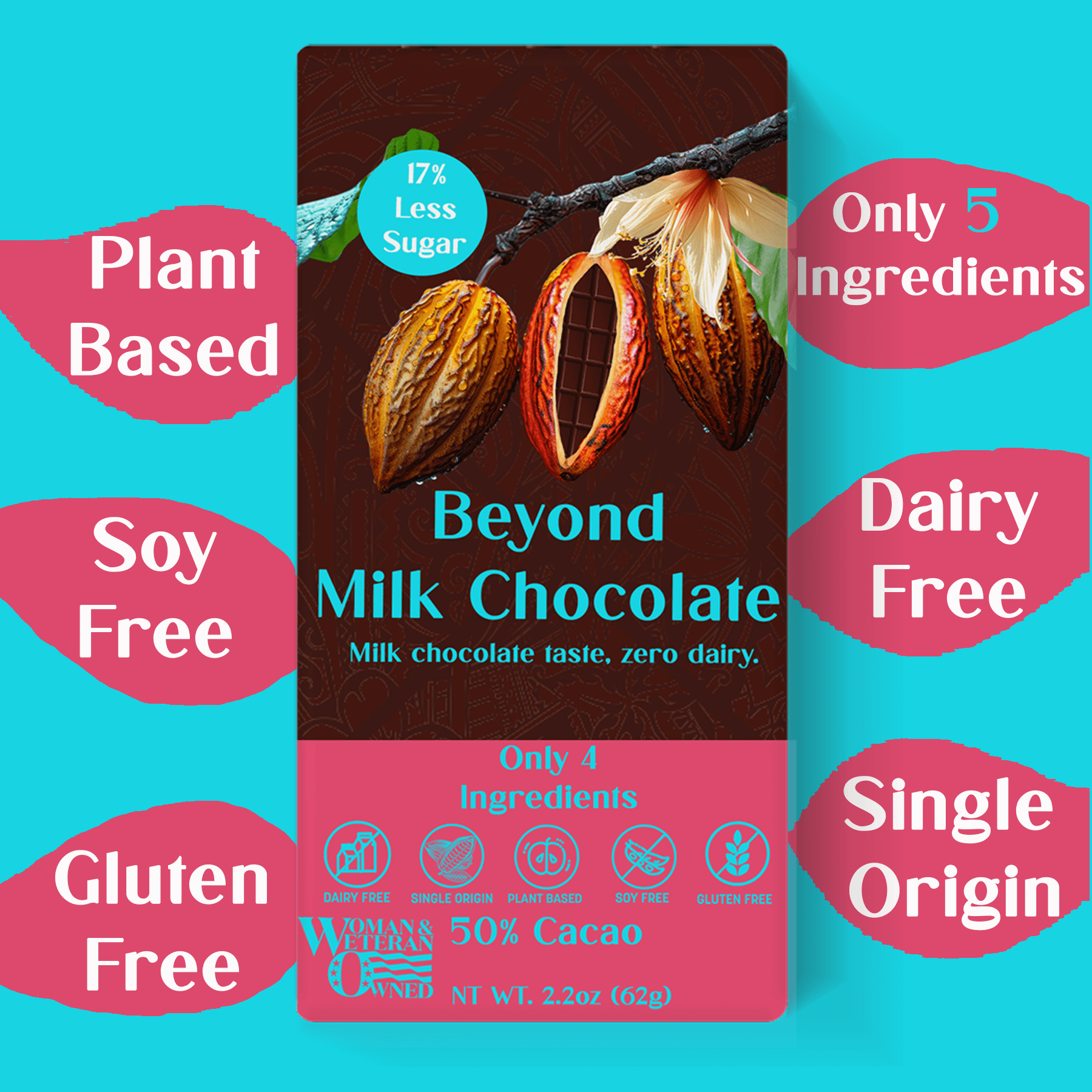 Beyond Milk Chocolate Bar - Dairy-free | 2.2 Ounce (Pack of 6) | Organic, Low Sugar, 50% Cacao, Plant Based, Dairy Free, Gluten-Free | Single Origin