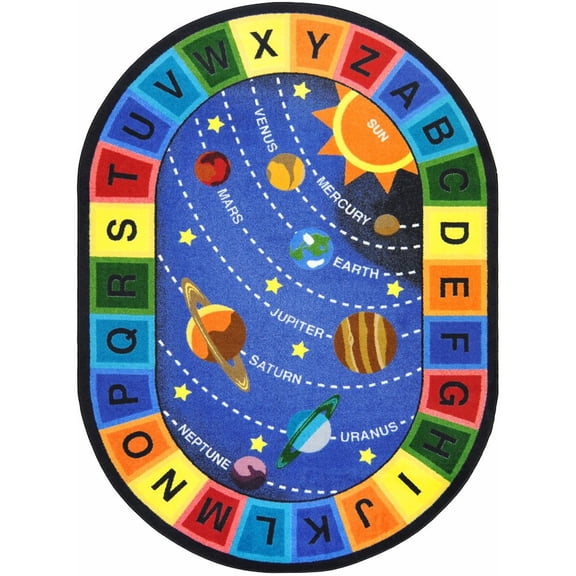 Joy Carpets Kid Essentials Space Alphabet 5'4" x 7'8" Oval Area Rug in Color Multi