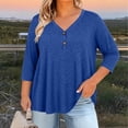 thumbnail image 4 of KyCheLot Women's V Neck Tops Fall Button Plus Size 3/4 Length Sleeve Solid Color Clothes Comfy Loose Hiking Tops, 4 of 6