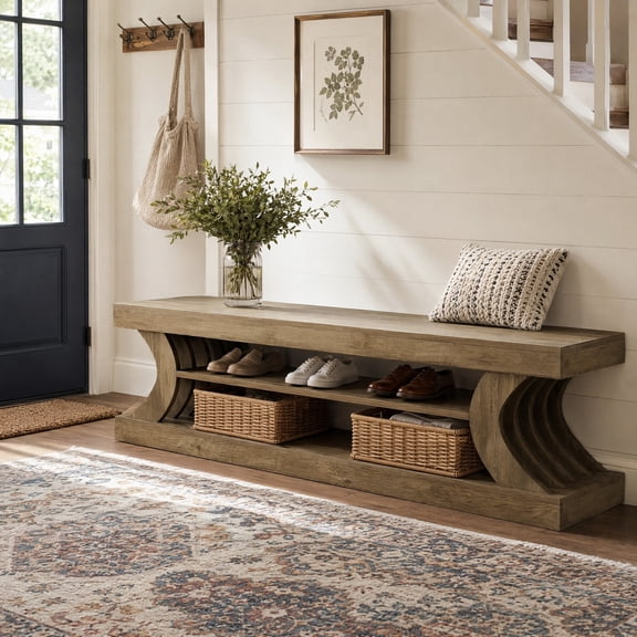 Fnova 63" Wooden Shoe Storage Bench, 3-Tier Entryway Bench with Shoe Rack for Living Room, Easy Assembly, Brown