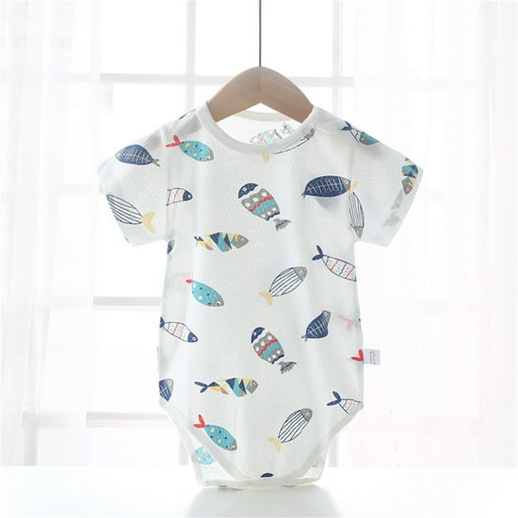 Delliss Newborn Cotton Bodysuit Summer Baby Rompers Short Sleeve Fish Printing Unisex One Piece Clothing