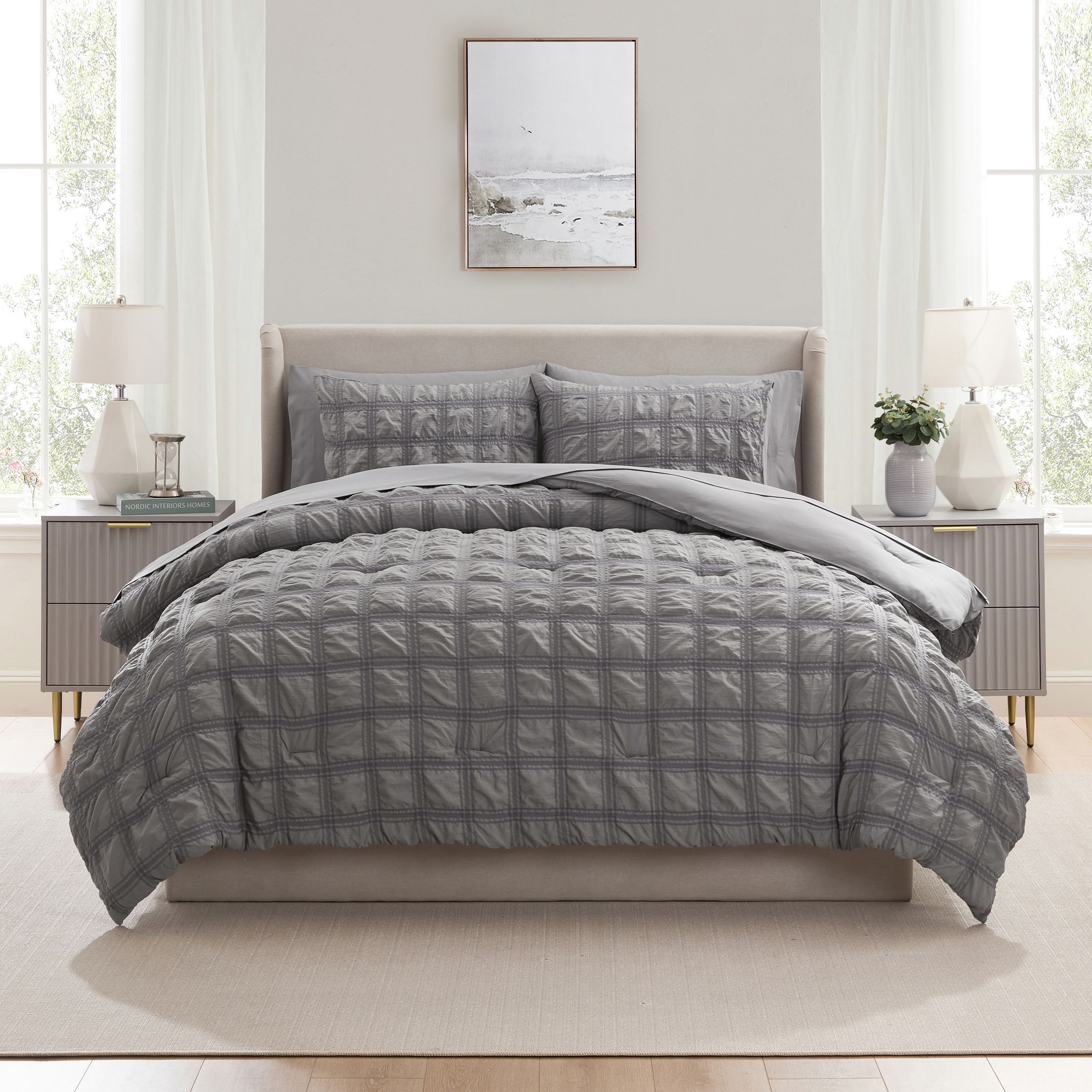 Virtu King Comforter Set, Seersucker King Size Comforter Set, 7-Pc All Season Bedding Comforter Set, Gray