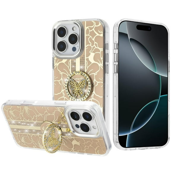 For iPhone 16 Pro Max 6.9 inch Splendid Floral Designs with Metal Camera and Buttons with Butterfly Ring Stand Hybrid Case - Gold