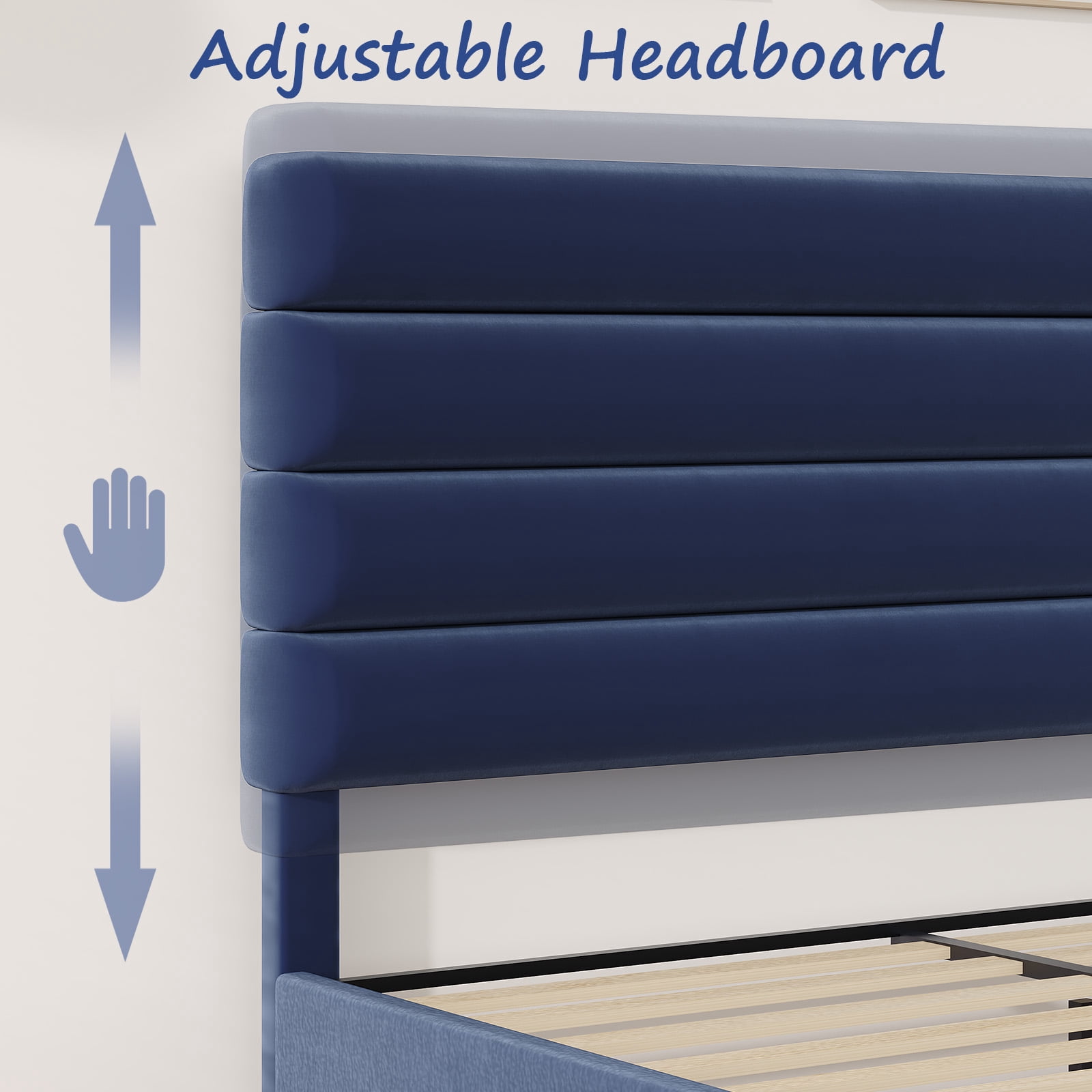 4 EVER WINNER Queen Size Platform Bed Frame, Horizontal Stitched Blue Velvet Upholstered Headboard, Solid Wooden Slat Support, Noise-Free, No Box Spring Needed