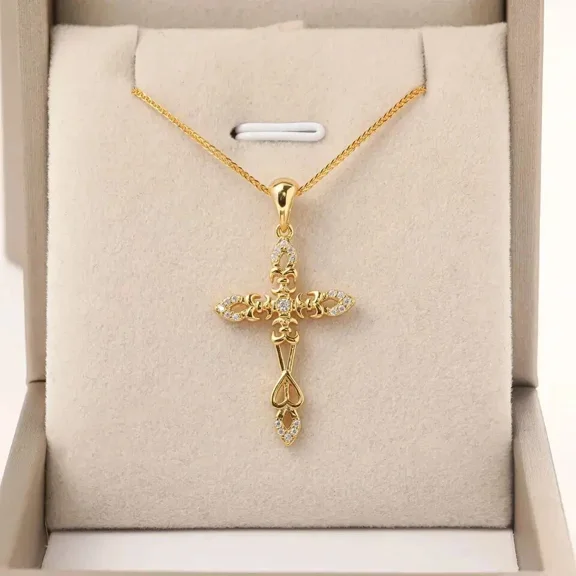 1Ct Round Cut Simulated Diamond Simple Women's & Men's Cross Pendant 14K Yellow Gold Plated Silver