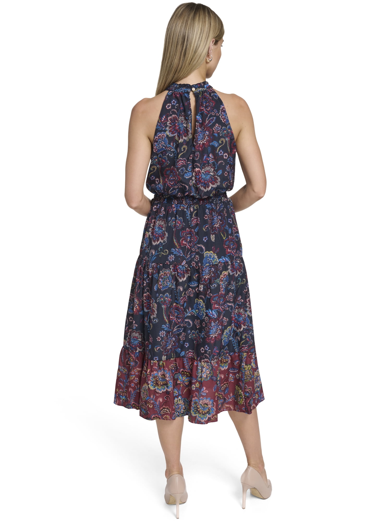 Falling Flowers Women's Ruffle Neck Midi Dress, Sizes XS-XL