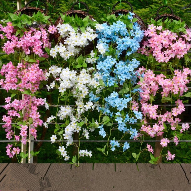 Cesta colgante de flores de seda violeta sintética - 39" de largo y enredaderas de plástico para decoración de pared, bodas, casa, oficina, cafetería - no se necesita agua
