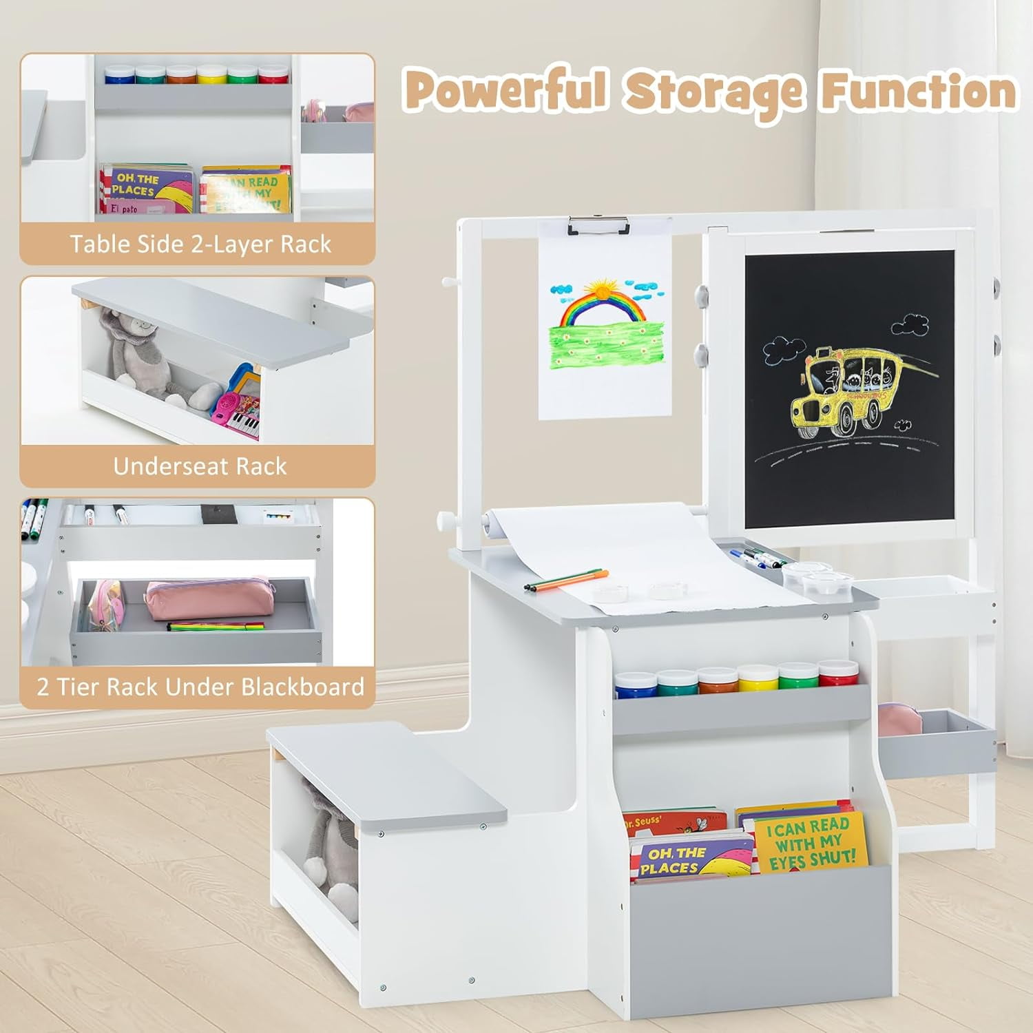 INFANS Kids Art Table and Chair Set, 3 in 1 Toddler Craft and Play Wood Activity Desk with Double-Sided Easel Paper Roll for Drawing Painting Writing, Children Furniture for Daycare Playroom