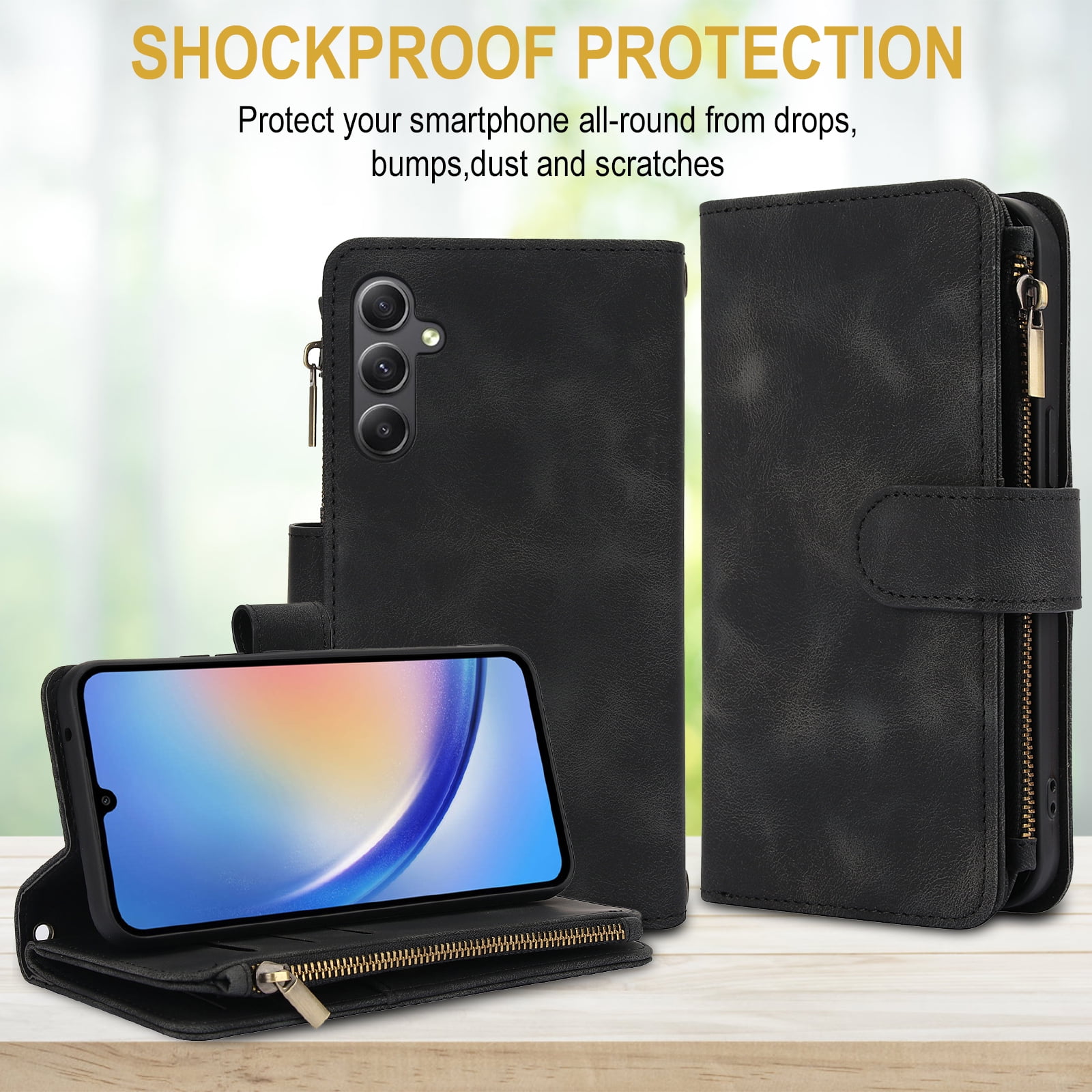 for Samsung Galaxy S24 FE Wallet Case with Card Holder for Women Men, Phone Case RFID Blocking PU Leather Flip Shockproof Cover with Shoulder + Wrist Strap Zipper Credit Card Slots Stand, Black