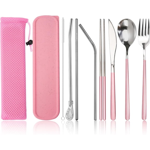 TIE-DailyNec Travel Utensils Set with Case, Portable Reusable Flatware for Camping Lunch Box, Stainless Steel Cutlery Set, Dishwasher Safe, Pink