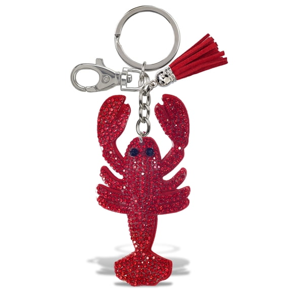 Aqua79 Lobster Keychain - Red Sparkling Rhinestones Charm with Tassel, Fashionable Stylish Polyester PU Ocean Life Key Ring Bling Jewelry Accessory with Clasp For Key Chain, Bag, Purse & Backpack