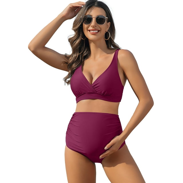 Beautyin Solid Color High Waisted Maternity Swimsuit Shoulder Straps Bikini Set Deep V Neck Pregnancy Bathing Suits Push Up Two Piece Swimwear
