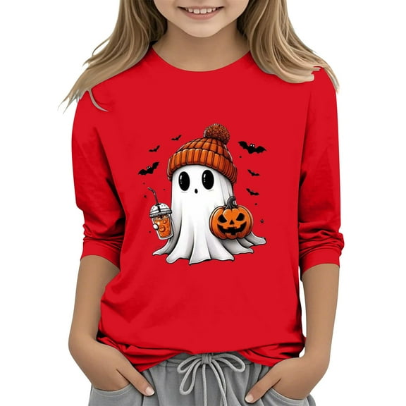 XQYLOS Children’s Girls Casual Halloween 2D Printed T-Shirt, Round Neck Three Quarter or Short Sleeve Graphic Tee Tops, Teen Girls Crewneck Blouse, Comfortable Holiday Part𝗒 Outfit