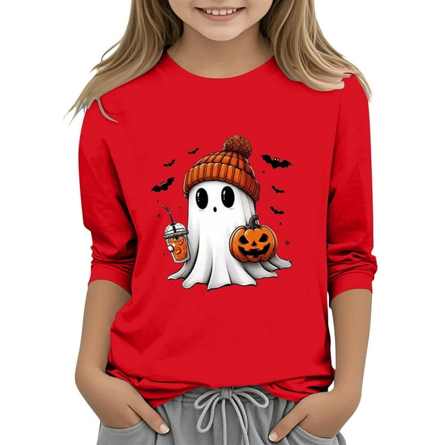 XQYLOS T-Shirt Mignon Festif pour Filles, Haut Décontracté pour Enfants, Imprimé 2D Halloween, Col Rond, Manches Trois-Quarts, Automne Mode