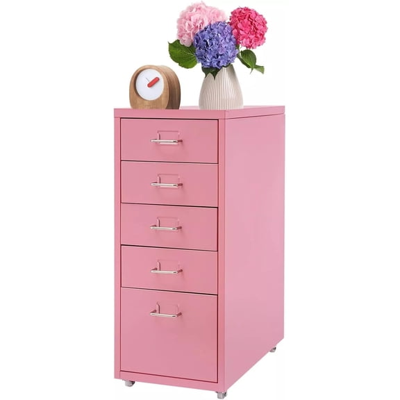 5-Drawers Metal File Cabinet, Freestanding Office Vertical File Cabinets, Storage Cabinet with Buckles and Handles, Mutifuctional Tool Cabinets for Kitchen, Bedroom, Living Room (Pink)