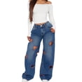 thumbnail image 3 of Women'S Jeans Baggy High Waist Hollow Heart Embroidery Wide Leg Denim Pants Blue S, 3 of 8
