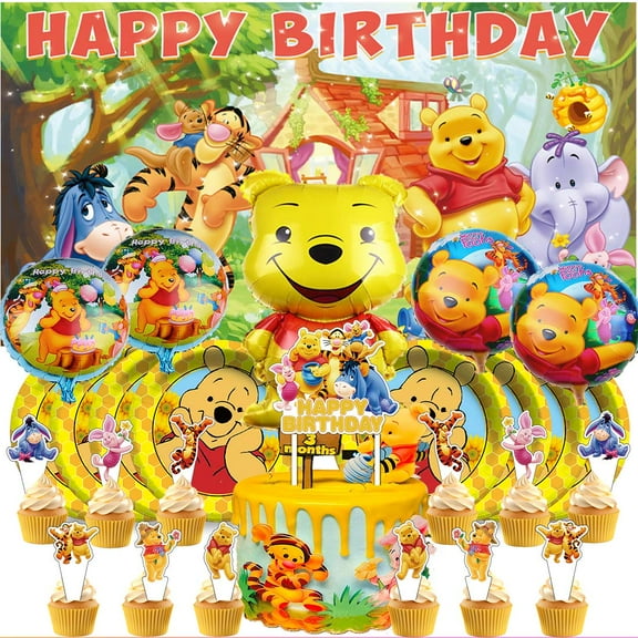 Winnie the Pooh Party Supplies Decor Tableware Backdrop Banner Cake Topper Balloons Birthday Decorations
