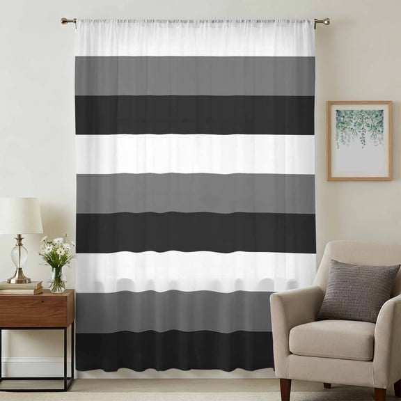 Grey Black White Striped Sheer Curtains 72 Inches Long, Farmhouse Stripes Light Filering Curtains, Breathable Simi Curtain Privacy Drapes for Living Room Bedroom Lightweight Window Treatment