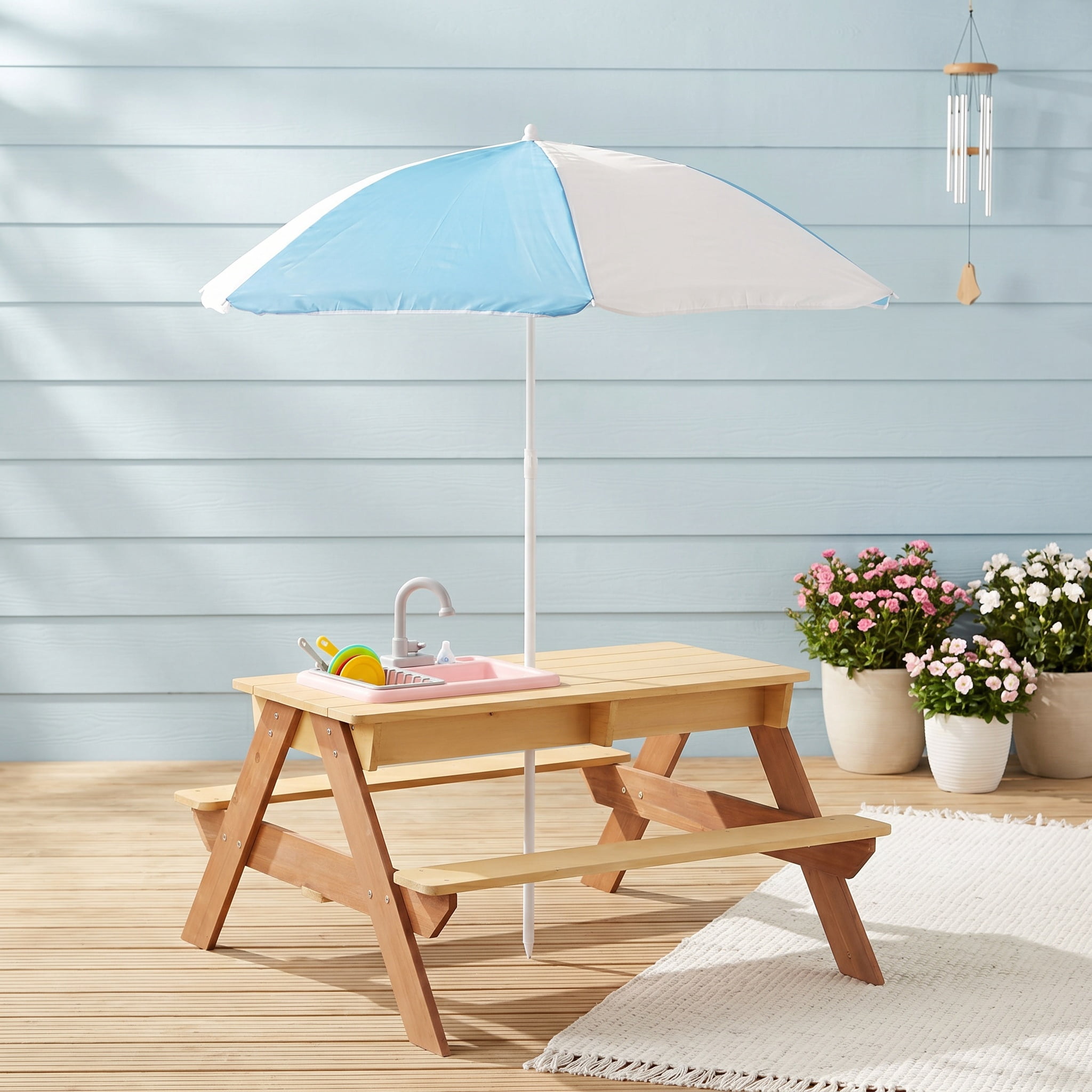Kids Picnic Table, Wooden Sand Water Activity Table with Umbrella for Outdoor Backyard Patio Child Play Furniture, Reddish Brown Yellow