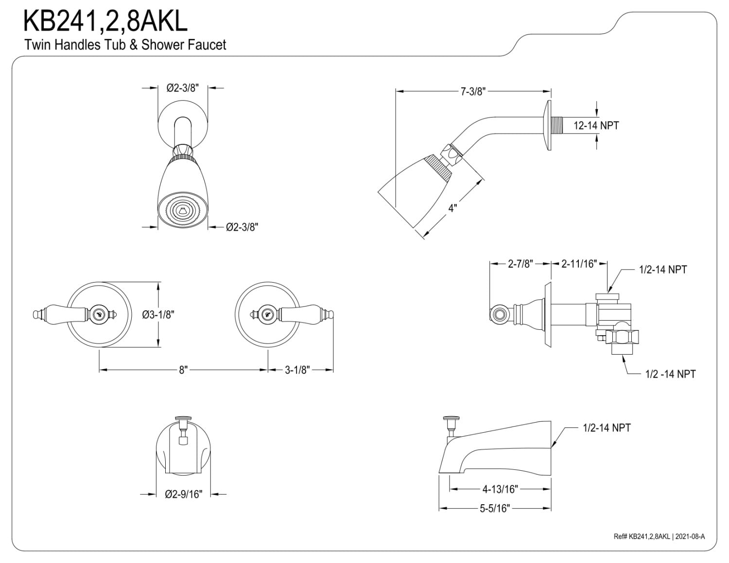 Kingston Brass KB248AKL Duchess Two-Handle Tub and Shower Faucet, Brushed Nickel