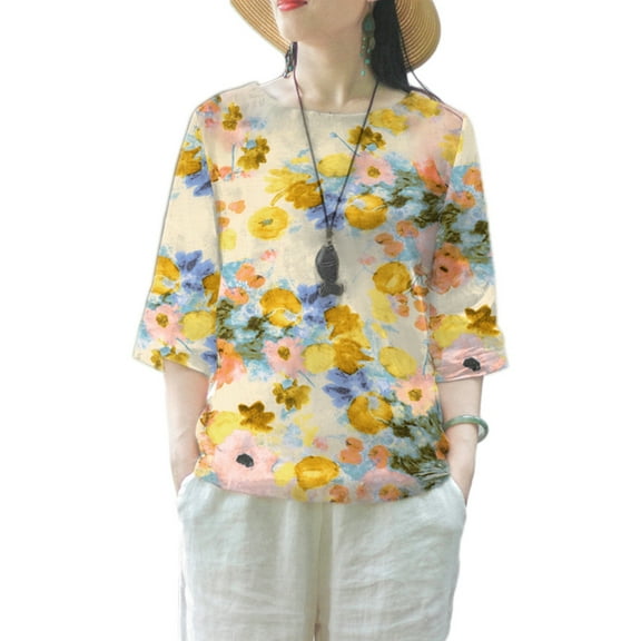 ZANZEA Women 3/4 Sleeve Blouse Floral Print Crewneck Cotton Linen Casual Shirt Tops