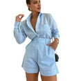 thumbnail image 5 of sunsanly 2 Pcs/Set Women Shirt Shorts Set Solid Color Long Sleeves Turn-down Collar Chest Pocket Blouse High Waist Loose Above Knee Length Pants Set Casual Commute Outfit, 5 of 8