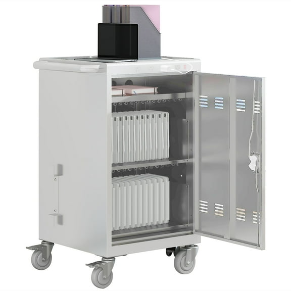 Aukfa 35-Unit Mobile Charging Cart, Classroom Locking Charging Station up to 16-inch Chromebooks and Laptop, White