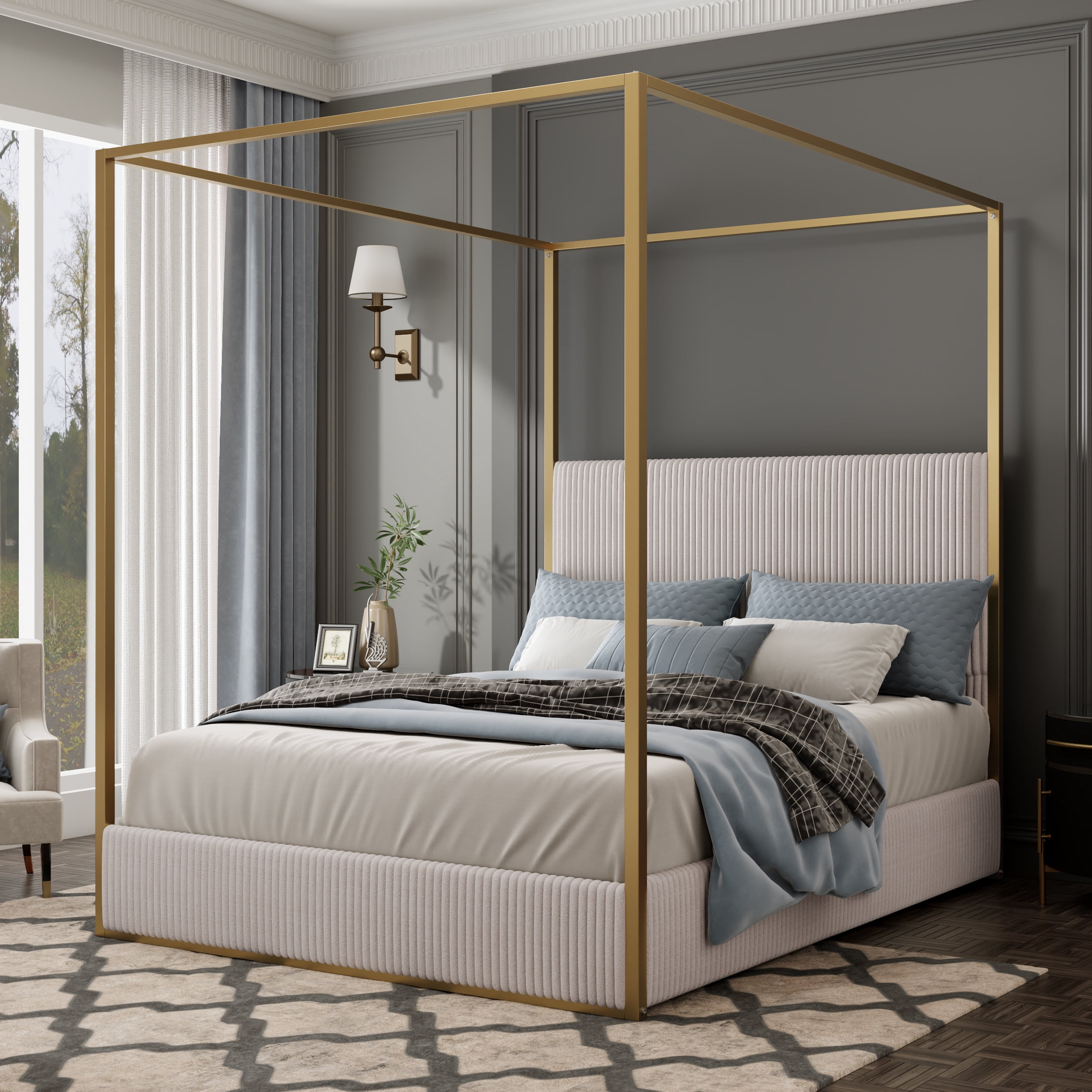 Euroco Metal King Size Canopy Bed, Modern Luxury Upholstery Headboard and Four Poster, Beige