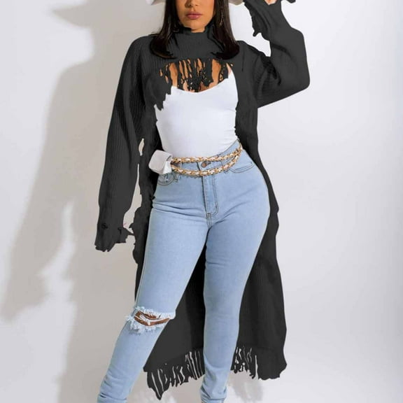 NSLGXD Women's Fringe Sweaters Open Front Pullover Cardigans Stylish Long Sleeve Casual Long Cardigan