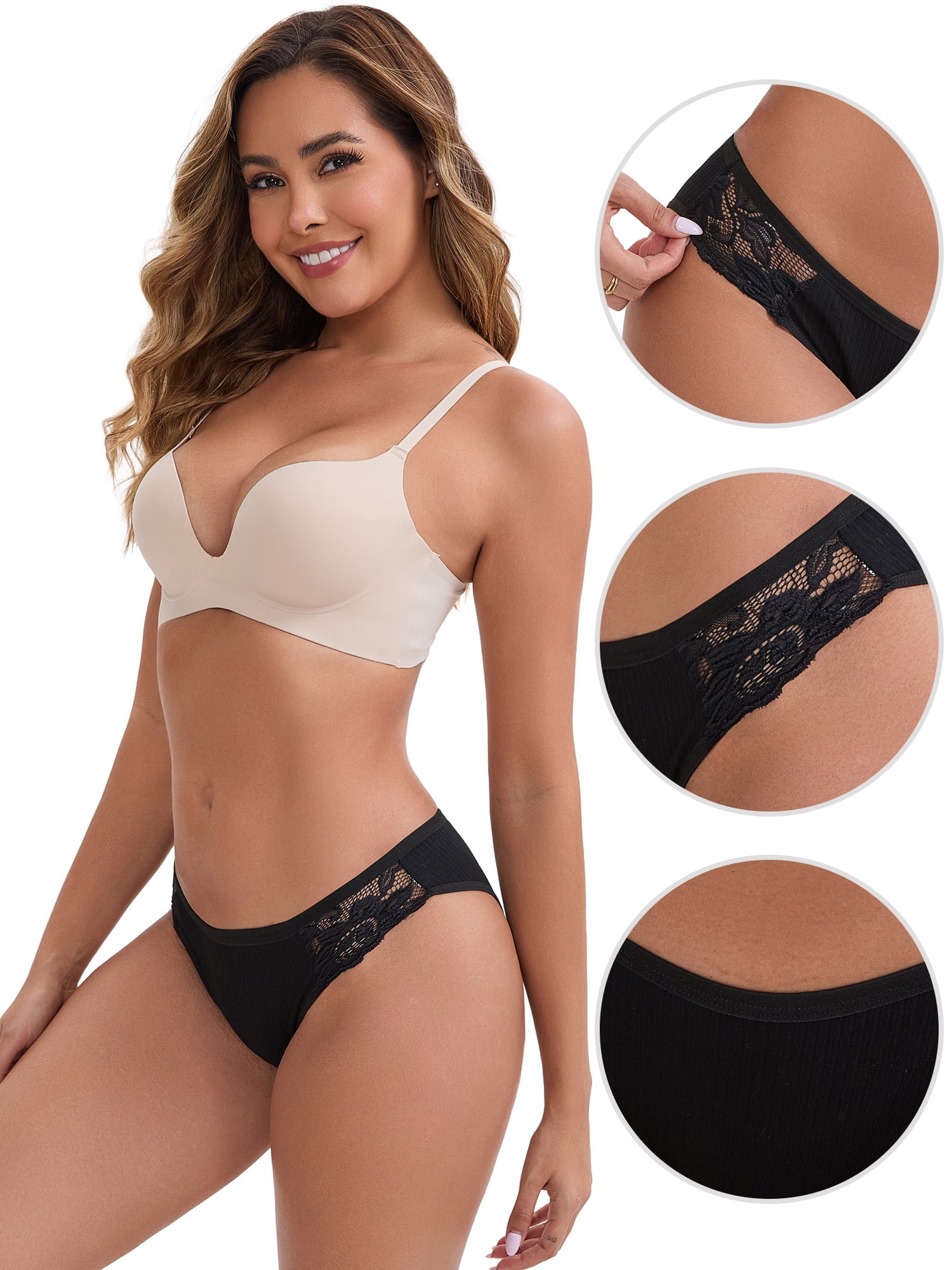 DARING DIVA Women's Lace Ribbed Low Waisted Butt Lifting Underwear L Black