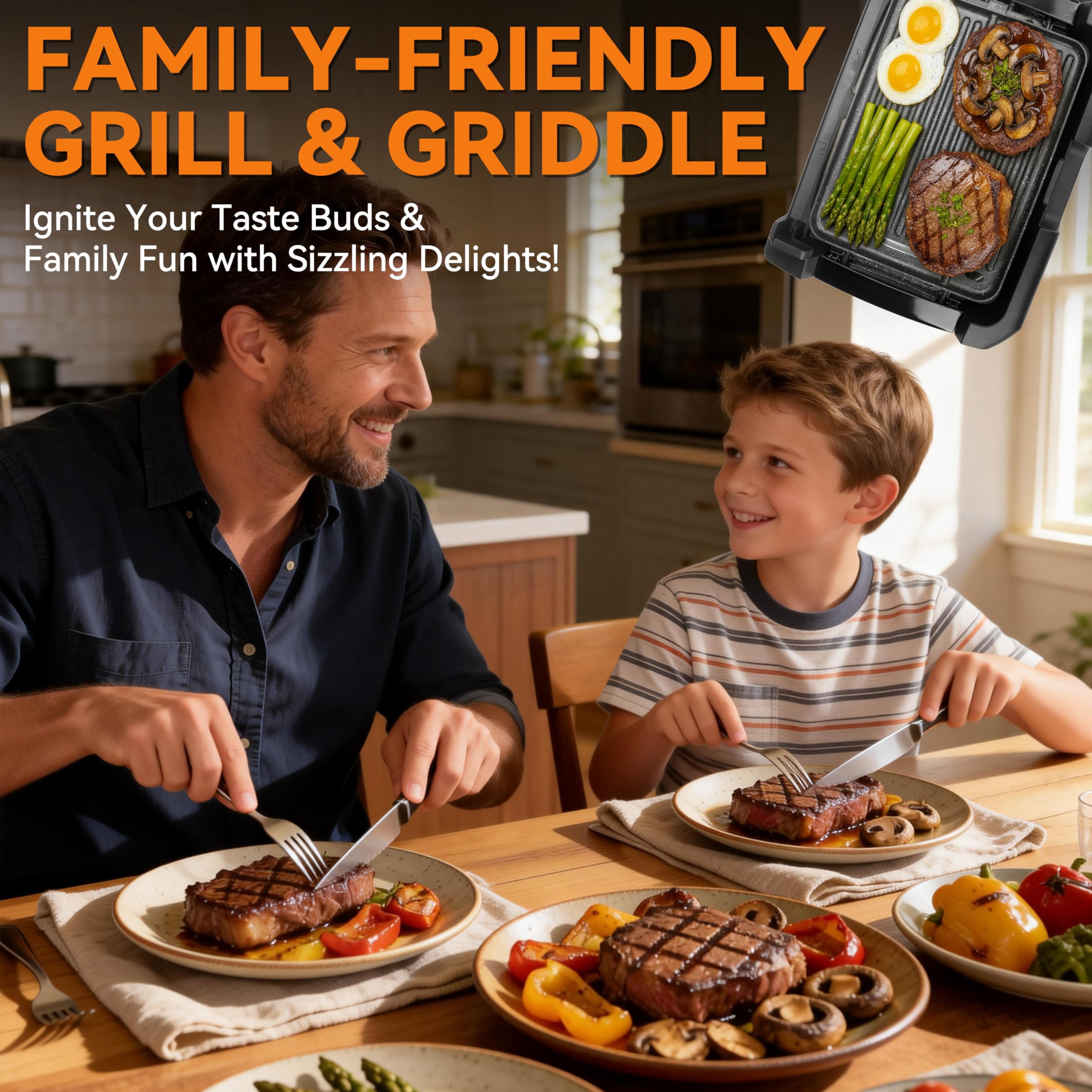 Electric Griddle & Grill, Stainless Steel, 2-in-1 Reversible Plate