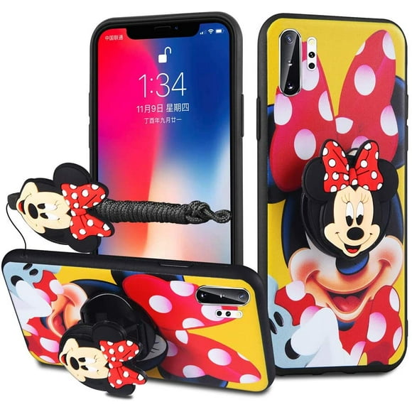 Galaxy S9 Case - Minnie Mickey Mouse Cartoon Case Soft Silicone TPU Shockproof Case with Phone Holder Stand and Detachable Long Lanyard for Girls Boys (Yellow, S9)