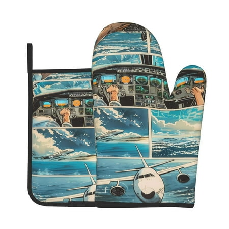 

Jgfou Comic Airplane Cockpit Illustration Pattern Oven Mitts and Pot Holders Sets Heat Resistant Oven Mittens Soft Lining Extra Thicken Long Kitchen Cotton Oven Glove for Cooking