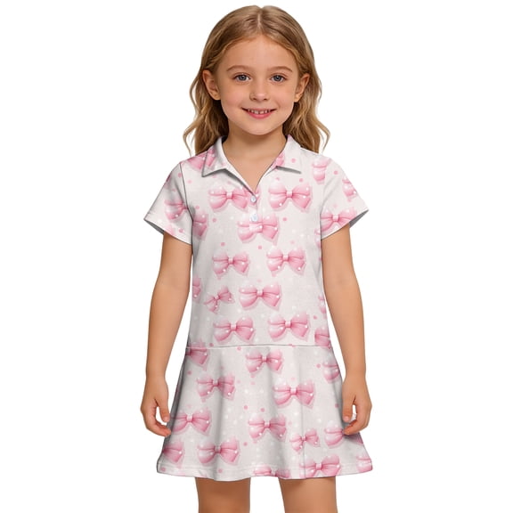 CCRFTGI Polo Dress for Kids Girls Size 7 School Uniform Cute Bowknot Print Pleated Flare Skater Polo Dresses Back To School Summer Button-Down Collar Picque Polo Dress Beige 11-12 Years
