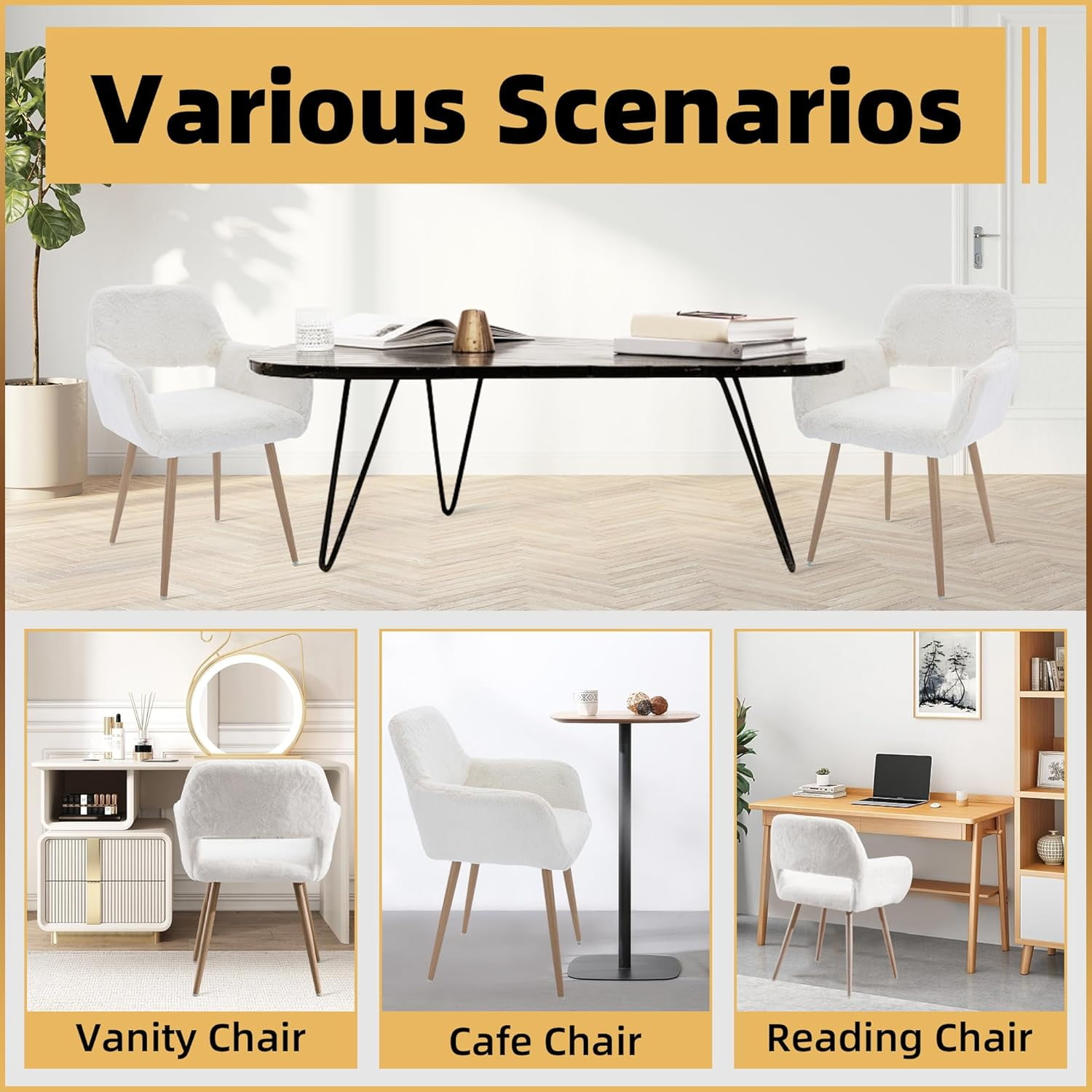 CRXX Desk Chair, Modern Home Office Chair Without Wheels, Faux Fur Vanity Chair with Hollow Backrest, Comfy Armchair Wood Frame with Strudy Metal Legs, White