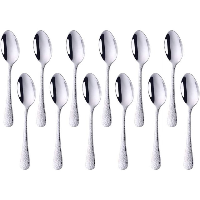 Cuchara de postre Cuchara de ensalada Cuchara de té grande de 6.5 pulgadas COMPRAR Y USAR Juego de cubiertos de superficie martillada de acero inoxidable de 12 piezas para el hogar Hotel Restaurante