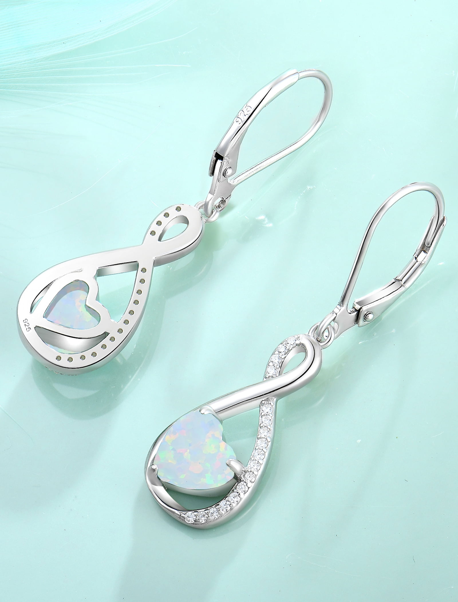 VESITIM Infinity Dangle Leverback Earrings 925 Sterling Silver Heart Earrings Created White Opal Jewelry for Women